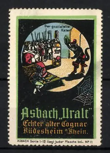 Reklamemarke Rüdesheim am Rhein, Asbach Uralt, Der gestiefelte Kater, Flasche Cognac