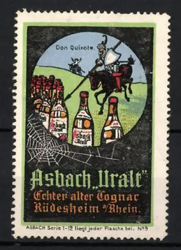 Reklamemarke Rüdesheim, Asbach Uralt, Don Quixote und Cognac-Flaschen