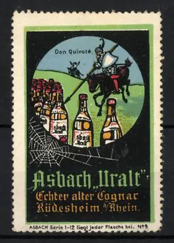 Reklamemarke Rüdesheim, Asbach Uralt, Echter alter Cognac, Don Quixote auf Pferd