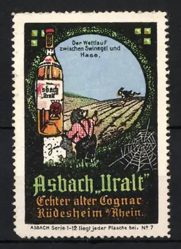 Reklamemarke Rüdesheim /Rhein, Asbach Uralt, Cognacflasche, Hase und Igel