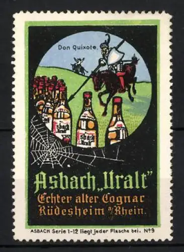 Reklamemarke Rüdesheim a. Rhein, Cognac Asbach Uralt, Don Quixote und Flaschen