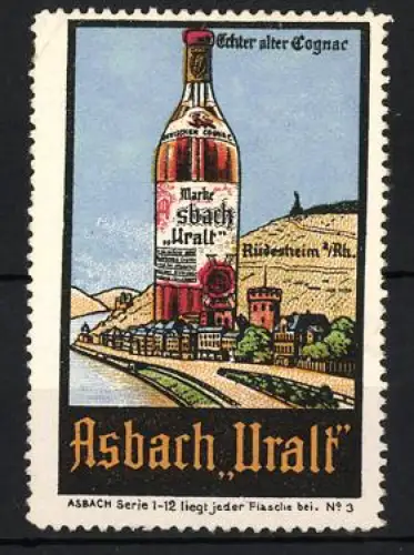 Reklamemarke Rüdesheim am Rhein, Asbach Uralt, Cognacflasche und Flusslandschaft