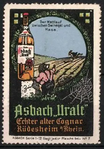 Reklamemarke Rüdesheim, Asbach Uralt, Cognacflasche, Hase und Igel