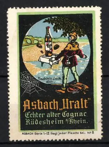 Reklamemarke Rüdesheim, Asbach Uralt, Tischlein-deck-dich-Szene
