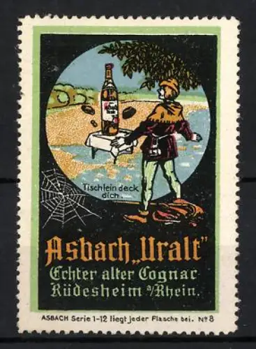Reklamemarke Rüdesheim am Rhein, Asbach Uralt, Cognacflasche, Tischlein deck dich