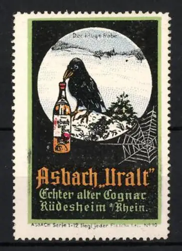 Reklamemarke Rüdesheim am Rhein, Asbach Uralt, Rabe und Cognacflasche