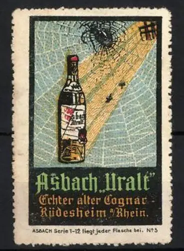 Reklamemarke Rüdesheim am Rhein, Asbach Uralt, Cognacflasche im Spinnennetz
