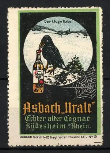 Reklamemarke Rüdesheim am Rhein, Asbach Uralt, Rabe mit Flasche