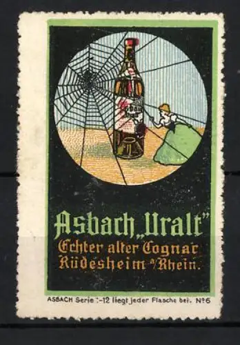 Reklamemarke Rüdesheim, Asbach Uralt, Flasche im Spinnennetz