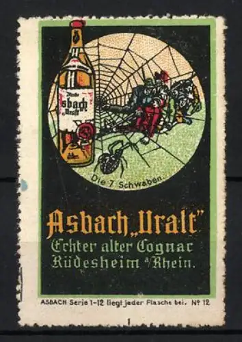 Reklamemarke Rüdesheim, Asbach Uralt, Flasche und Die 7 Schwaben
