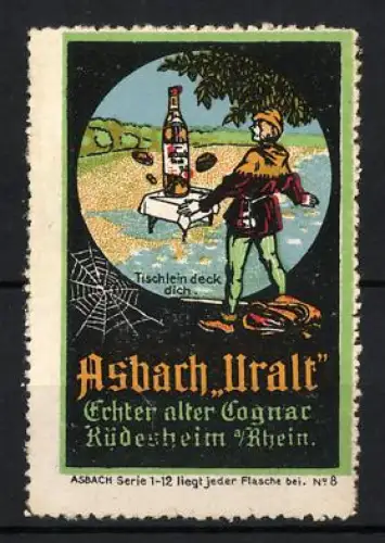 Reklamemarke Rüdesheim am Rhein, Asbach Uralt, Tischlein-deck-dich-Szene