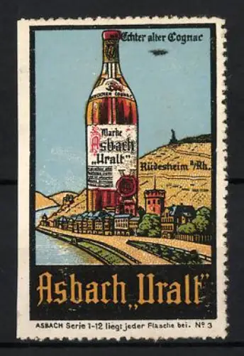 Reklamemarke Rüdesheim a. Rh., Asbach Uralt, Flasche auf Landschaftshintergrund