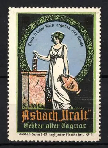 Reklamemarke Asbach Uralt, Echter alter Cognac, Frau mit Krug