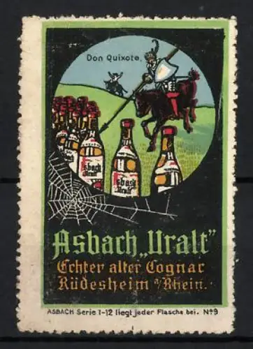Reklamemarke Rüdesheim, Asbach Uralt, Don Quixote und Cognacflaschen
