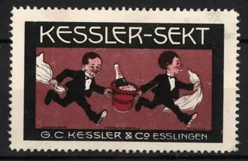 Reklamemarke Esslingen, Kessler-Sekt, Kellner mit Flasche und Eimer
