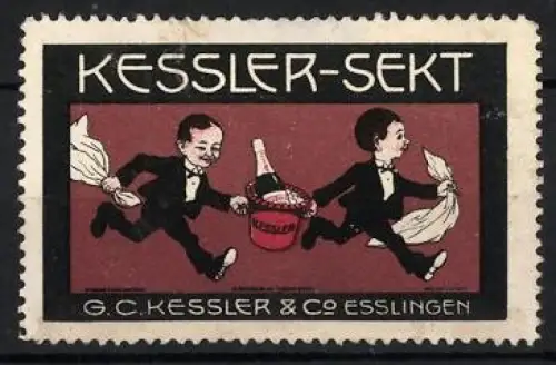 Reklamemarke Esslingen, Kessler-Sekt, zwei Kellner mit Flasche und Eimer