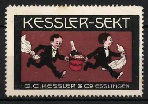 Reklamemarke Esslingen, Kessler-Sekt, Kellner mit Flaschenkorb