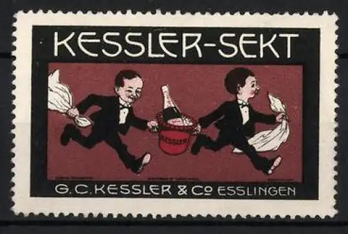 Reklamemarke Esslingen, Kessler-Sekt, Zwei Kellner mit Flaschenkorb