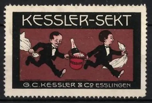 Reklamemarke Esslingen, Kessler-Sekt, Rennende Kellner mit Flasche