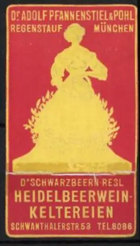 Reklamemarke München, D`Schwarzbeern-Resl, Heidelbeerwein-Keltereien, Frauenfigur