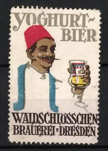 Reklamemarke Dresden, Waldschlösschen-Brauerei, Yoghurt-Bier, Mann mit Bierglas
