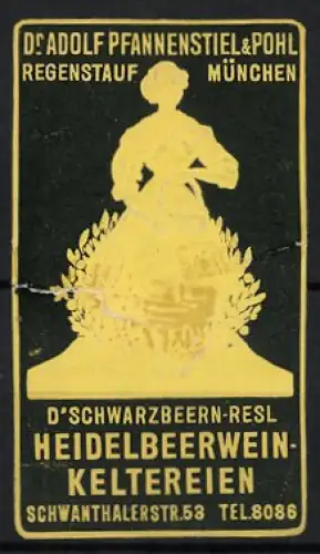 Reklamemarke München, D`Schwarzbeern-Resl Heidelbeerweinkeltereien, Frauensilhouette