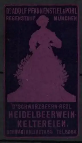 Reklamemarke Regenstauf, Heidelbeerweinkeltereien, D`Schwarzbeern-Resl, Frauensilhouette