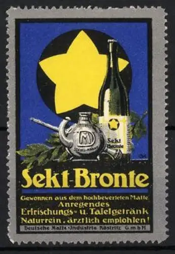 Reklamemarke Rössnitz, Sekt-Bronte, gelber Stern und Flasche