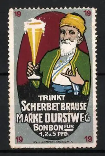 Reklamemarke Scherbetbrause, Marke Durstweg, Mann mit Getränk