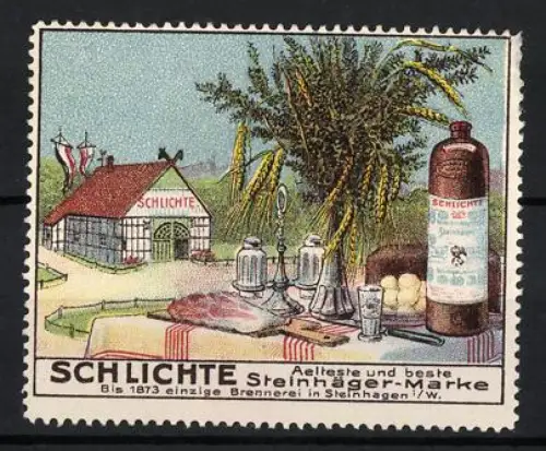 Reklamemarke Steinhagen, Schlichte Steinhäger-Marke, Brennerei und Flasche