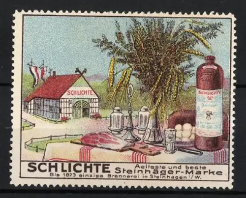 Reklamemarke Steinhagen, Schlichte Steinhäger-Marke, Brennerei und Flasche
