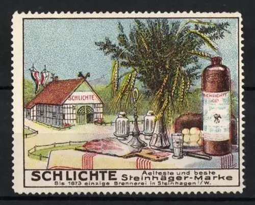 Reklamemarke Steinhagen, Schlichte Steinhäger-Marke, Brennerei und Flasche