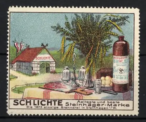 Reklamemarke Steinhagen, Schlichte Steinhäger-Marke, Brennerei und Flasche