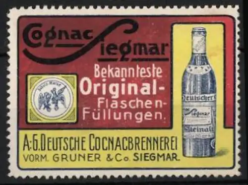 Reklamemarke Siegmar, Bekannteste Original-Flaschen-Füllungen, Cognacflasche