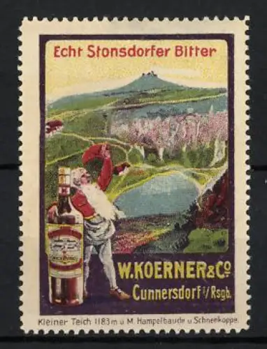 Reklamemarke Cunnersdorf, W. Koerner & Co., Echt Stonsdorfer Bitter, Wanderer mit Flasche