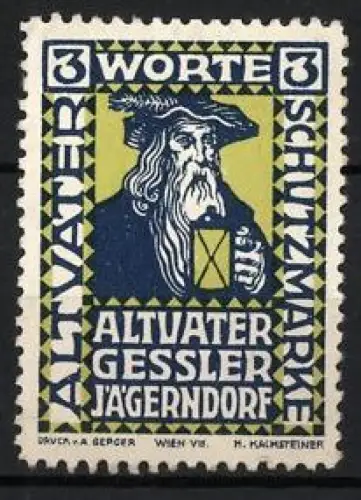 Reklamemarke Jägendorf, Altvater Gessler, Mann mit Laterne