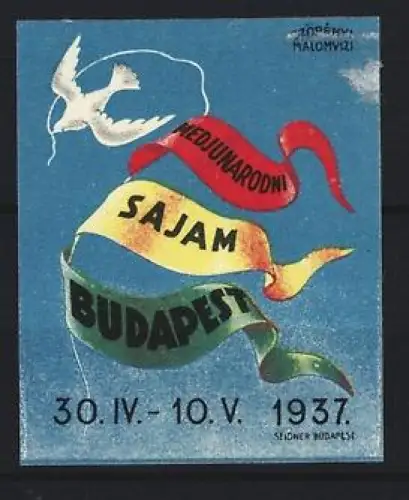 Reklamemarke Budapest, Medjunarodni Sajam 1937, Taube und bunte Bänder