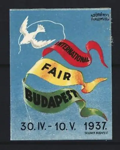 Reklamemarke Budapest, International Fair 1937, Taube mit Bändern