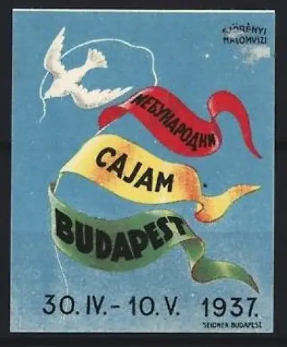 Reklamemarke Budapest, Internationale Messe 1937, Taube mit Bändern