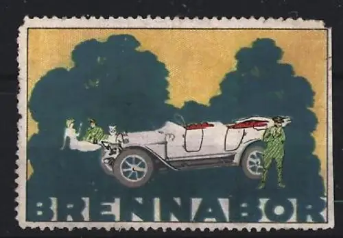 Reklamemarke Brennabor, Automobil / Auto mit Personen im Freien