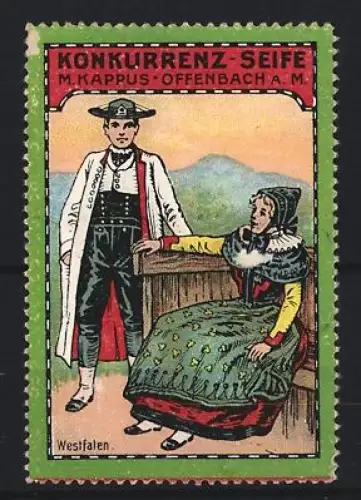Reklamemarke Offenbach a. M., Konkurrenz-Seife M. Kappus, Westfalen-Paar in Tracht