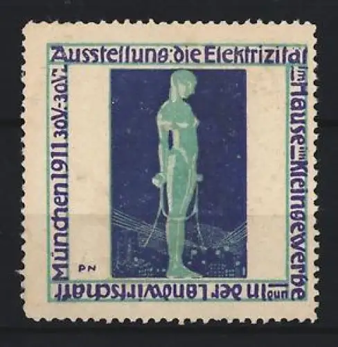 Reklamemarke München, Ausstellung die Elektrizität im Hause 1911, Skulptur mit Kabeln