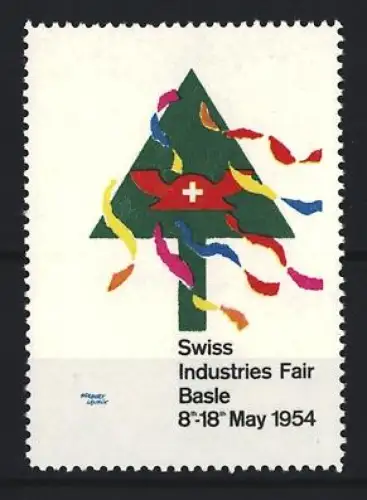 Reklamemarke Basle, Swiss Industries Fair 1954, Baum mit Schweizer Kreuz und Bändern