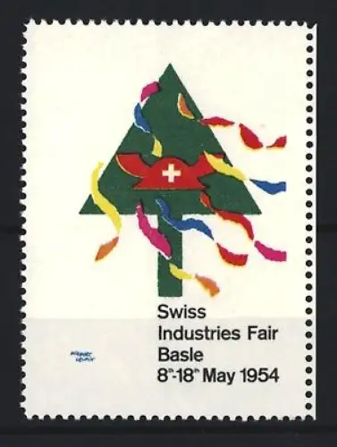 Reklamemarke Basle, Swiss Industries Fair 1954, Baum mit Schweizer Flagge