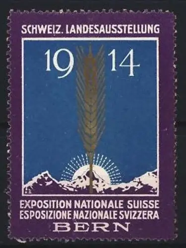 Reklamemarke Bern, Schweiz. Landesausstellung 1914, Ähre vor Berglandschaft