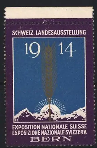 Reklamemarke Bern, Schweiz. Landesausstellung 1914, Weizenähre vor Sonnenaufgang