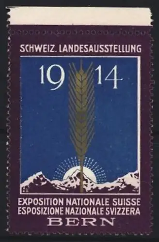Reklamemarke Bern, Schweiz. Landesausstellung 1914, Ähre vor Bergen und Sonne