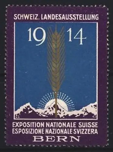 Reklamemarke Bern, Schweiz. Landesausstellung 1914, Ähre vor Berglandschaft
