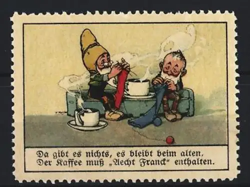 Reklamemarke Aecht Franck Kaffee, Zwerge mit Kaffee und Strickzeug