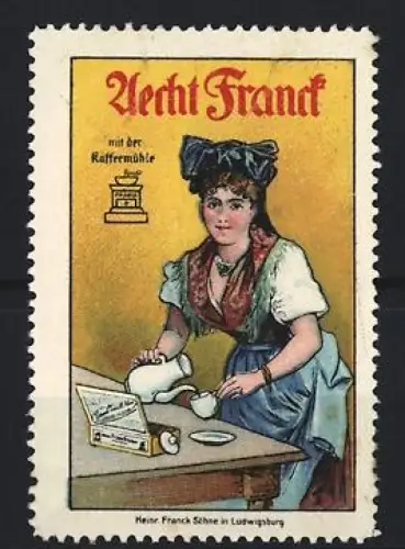 Reklamemarke Aecht Franck Kaffee, Frau beim Kaffeekochen